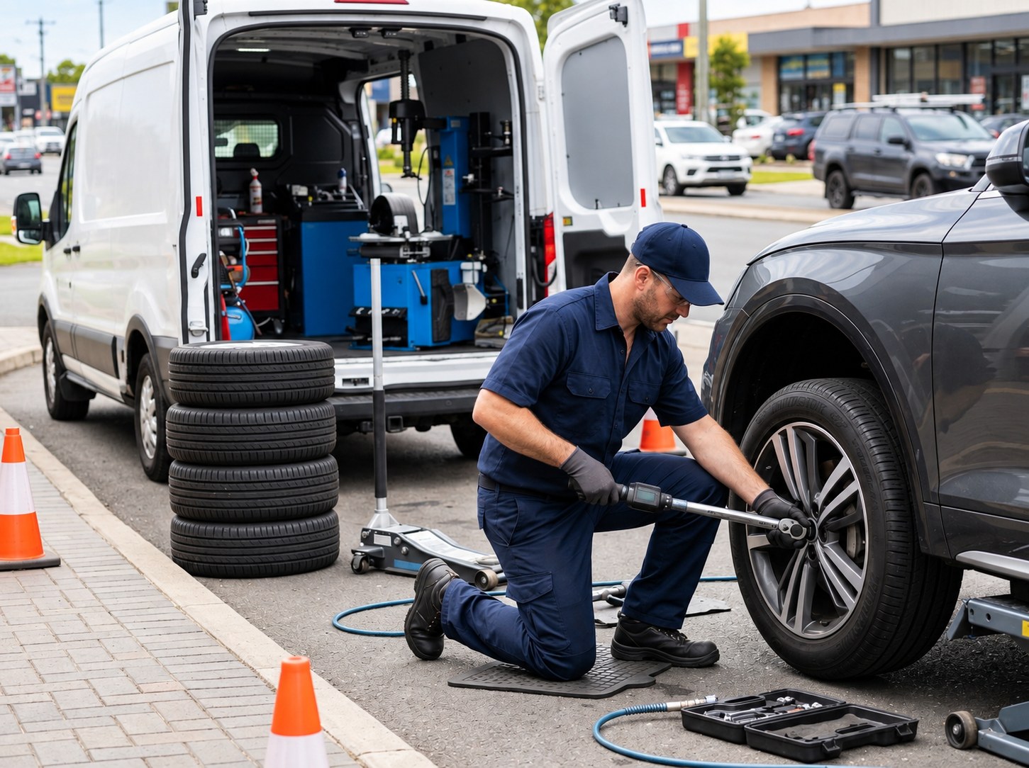 Certified technician torqueing vehicle tyre beside mobile fitting van
