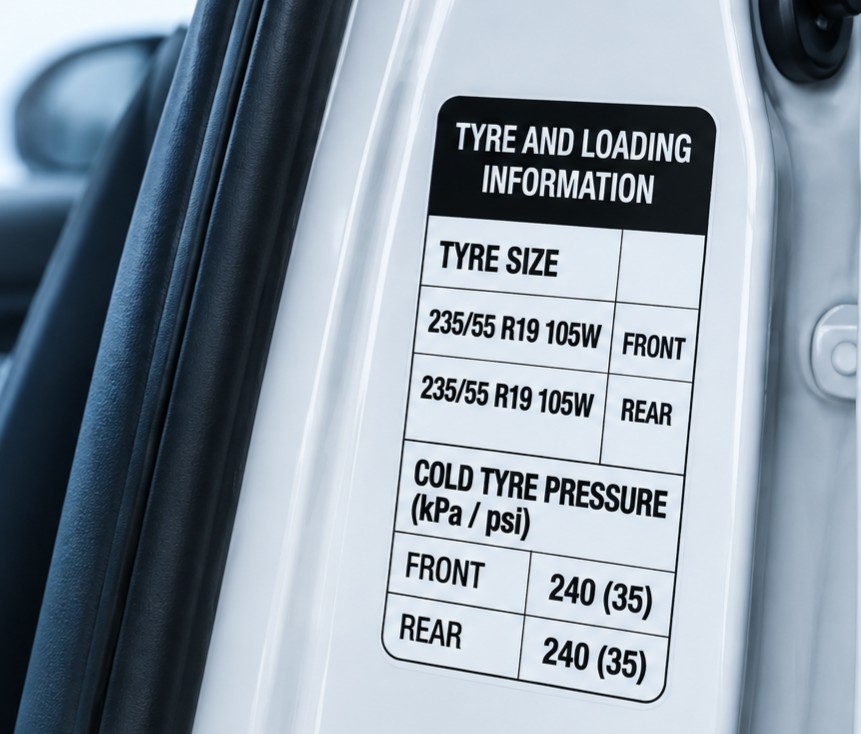 Driver's door B-pillar tyre and loading information placard sticker