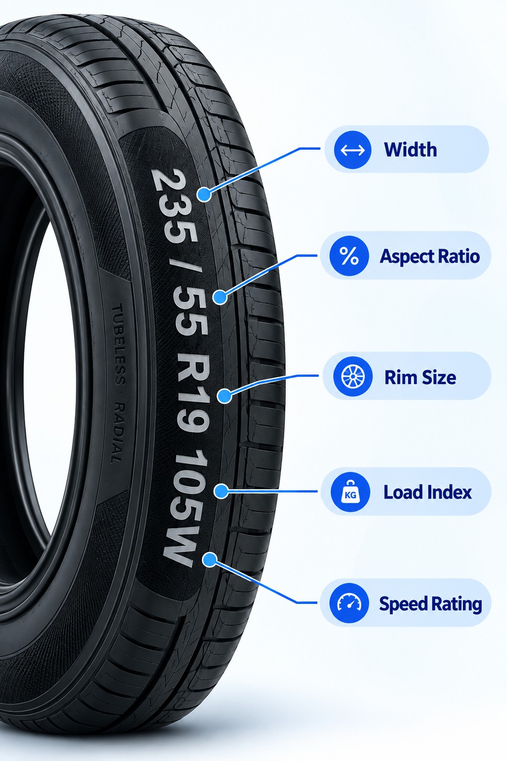 Tyre sidewall size guide showing width, aspect ratio, rim size, load index and speed rating labels
